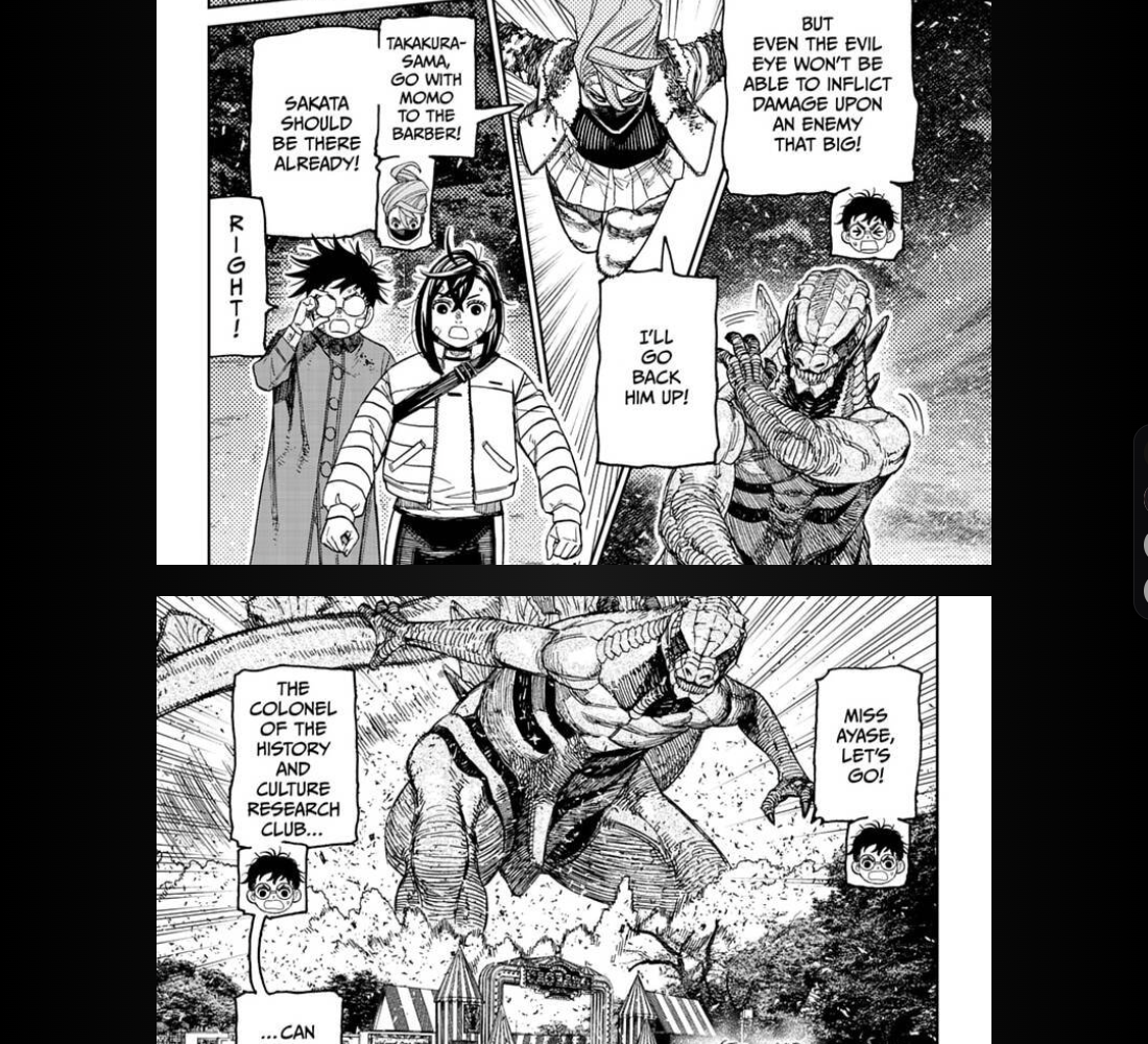 Scena di Dandadan 243 nel lettore MANGA Plus, con dialoghi di partenza in inglese
