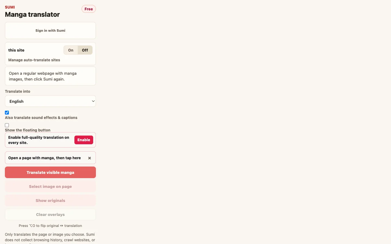Sumi extension popup ready to translate the page