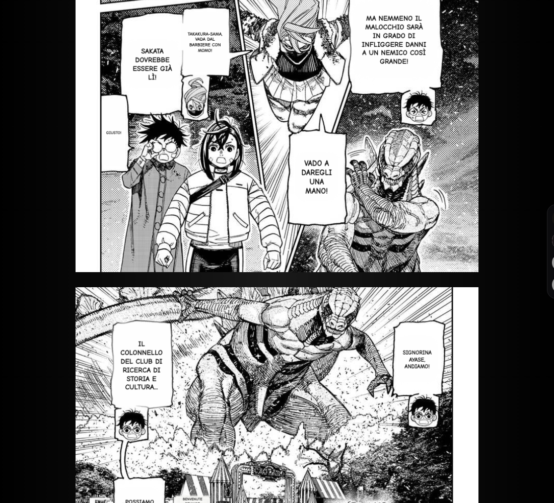 Italian output on the tested MANGA Plus action page, with dialogue arranged around the same characters and panels
