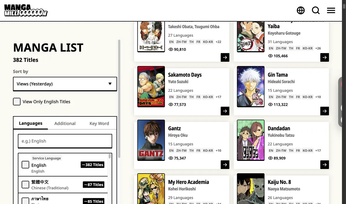 O catálogo do Manga Million, com as fichas de idioma por título