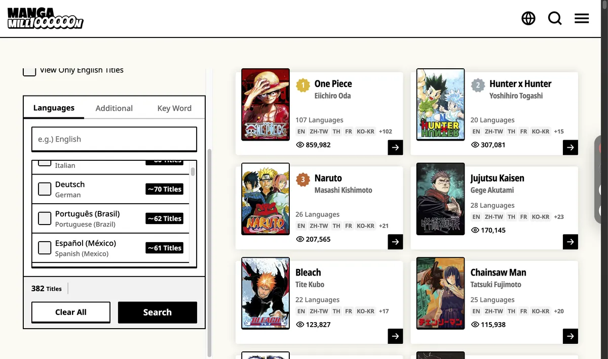 O filtro de idiomas do Manga Million mostrando Português (Brasil) com ~62 títulos, ao lado do ranking com One Piece em 107 idiomas