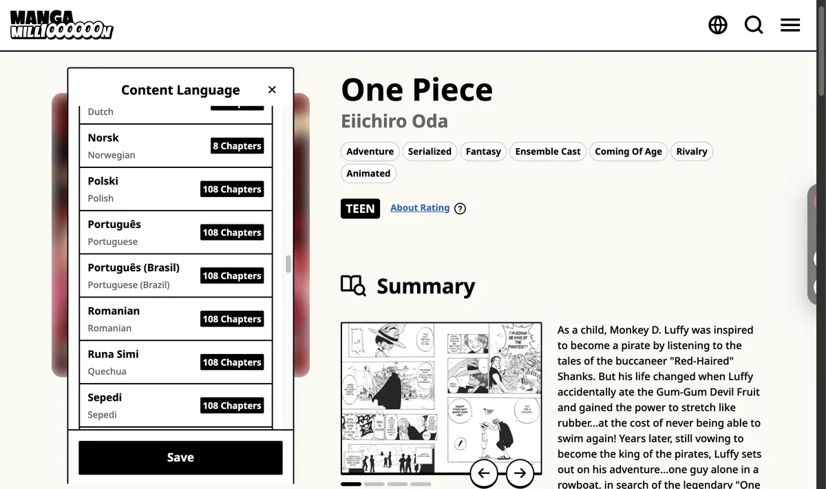 One Piece's content-language menu on Manga Million, listing Portuguese (Brazil), Polish, Quechua and more at 108 chapters each