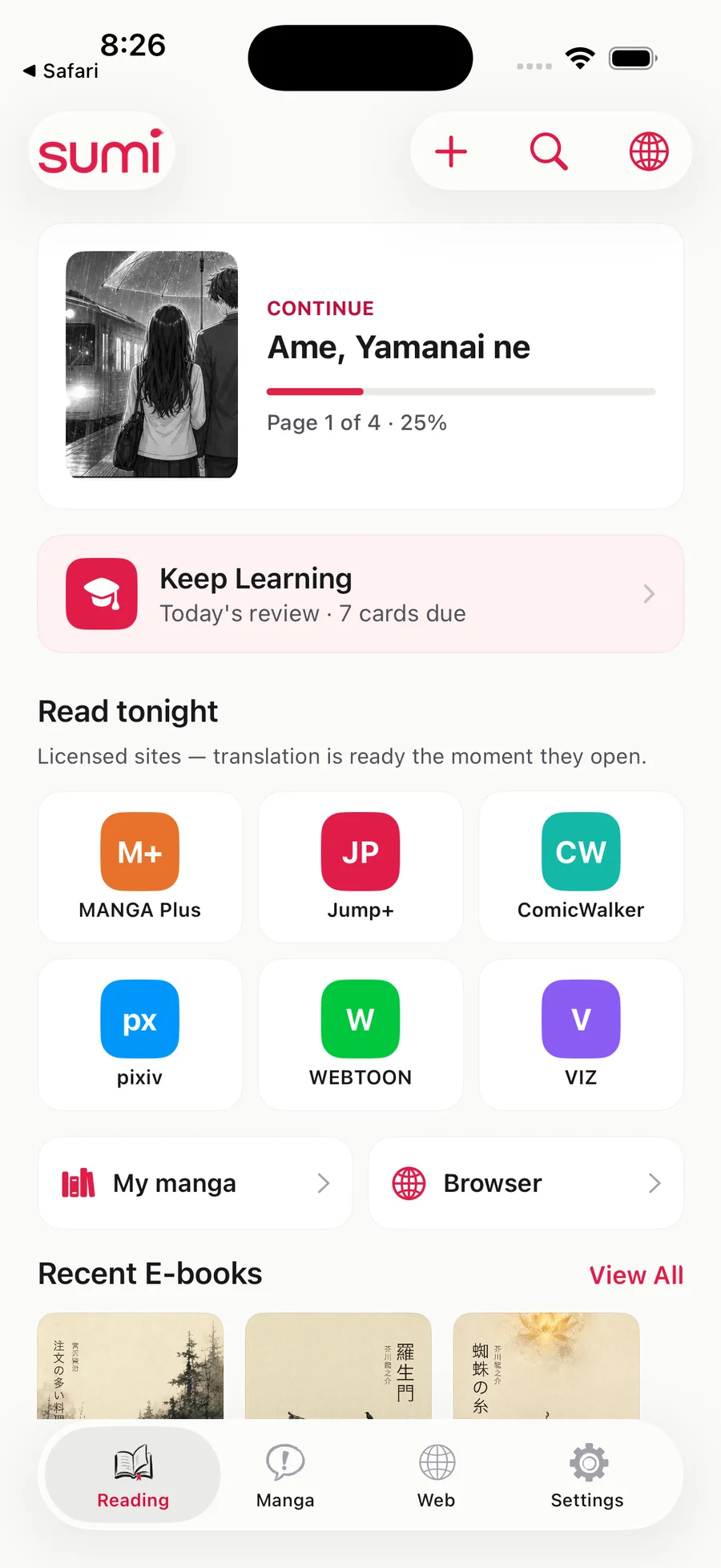 Sumi home screen with a chapter in progress and licensed-site bookmarks
