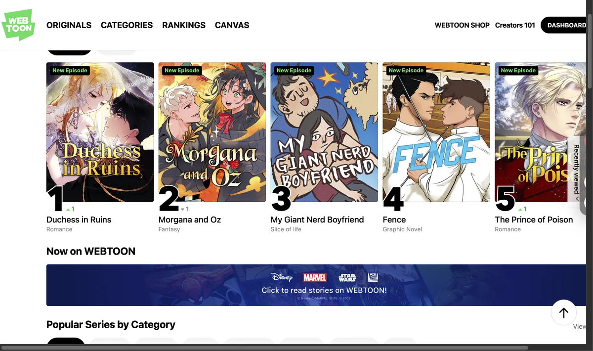 The WEBTOON originals shelf, with ranked series and new episodes