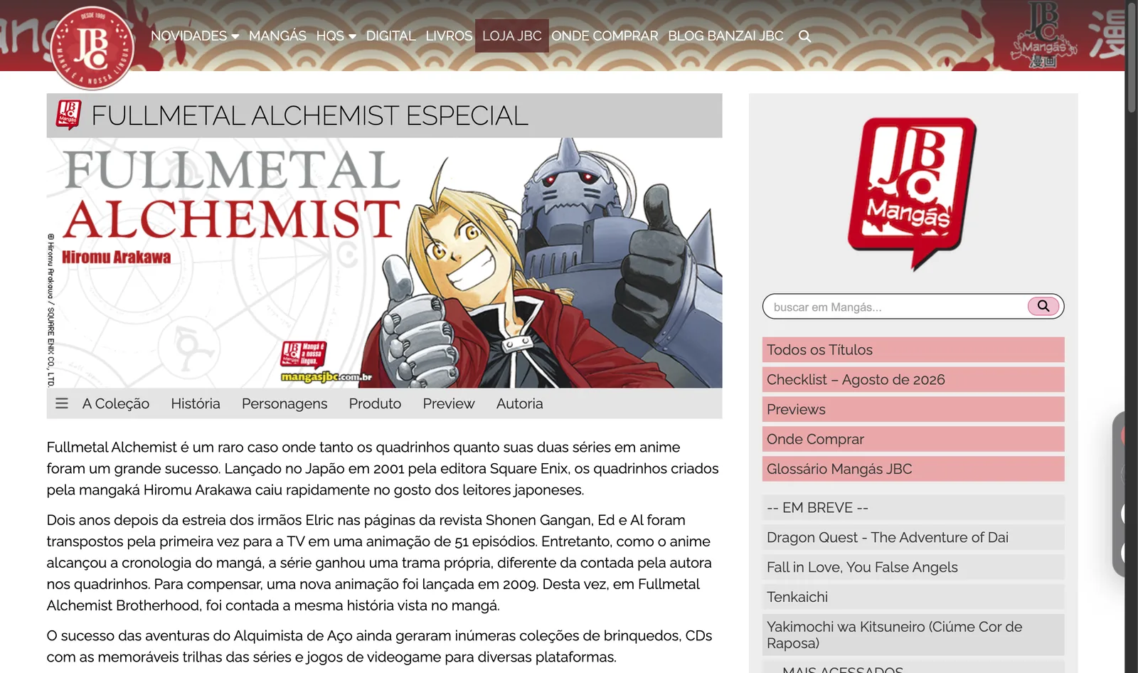 Ler Fullmetal Alchemist em português: edição da JBC e opções digitais