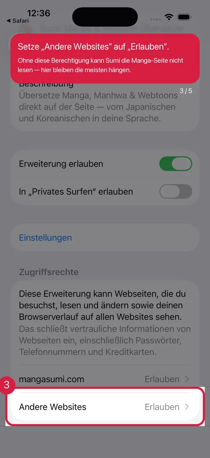 „Andere Websites“ auf Erlauben stellen