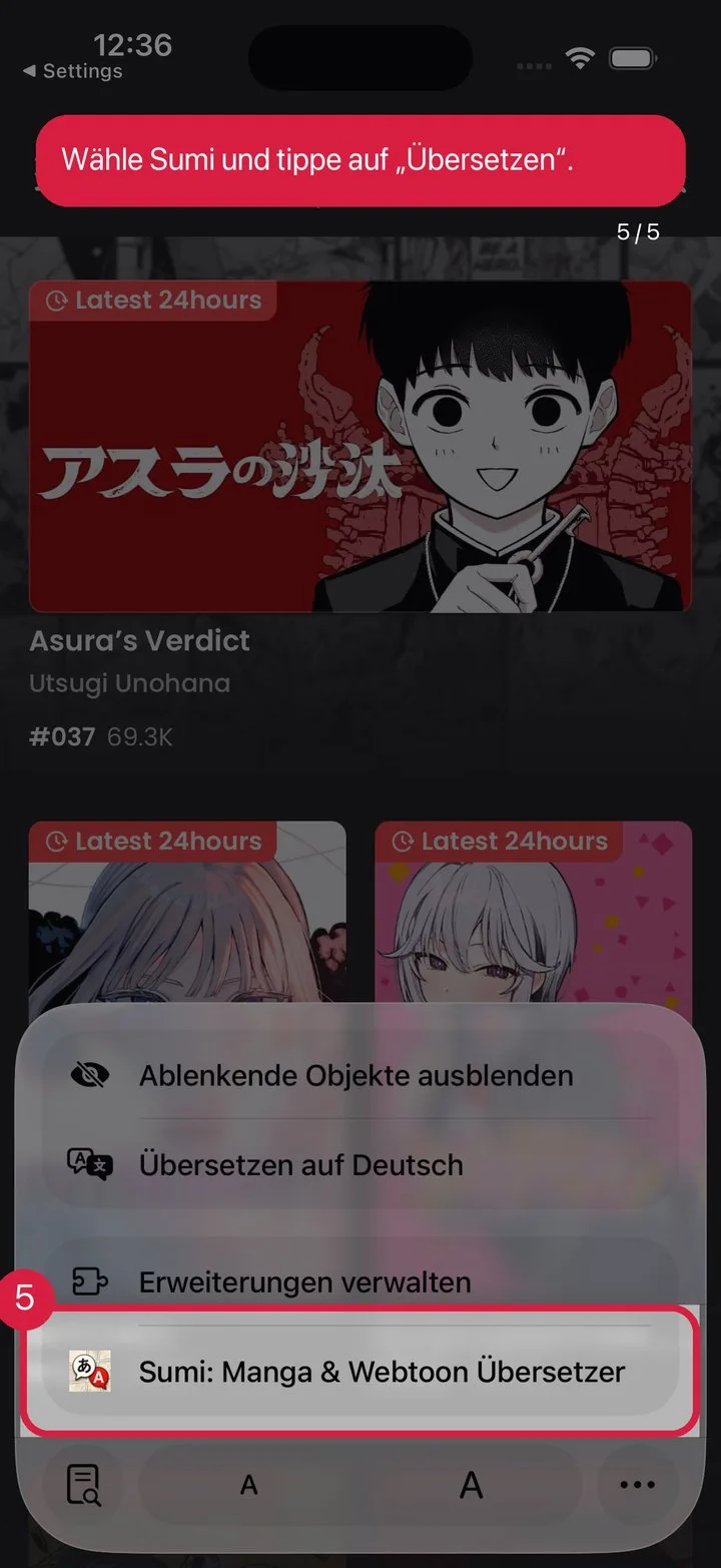 Sumi wählen, „Übersetzen“ antippen