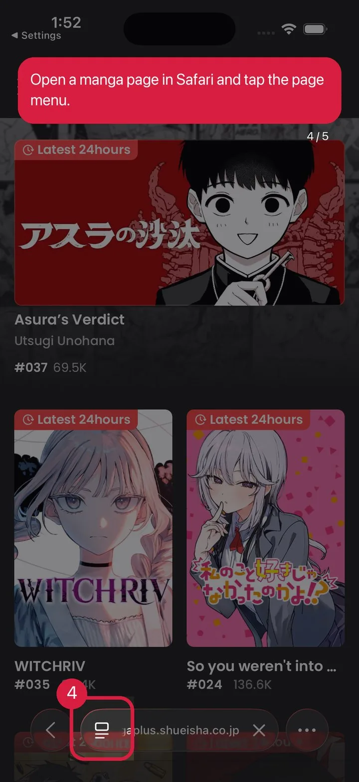 Open a manga page, tap the page menu