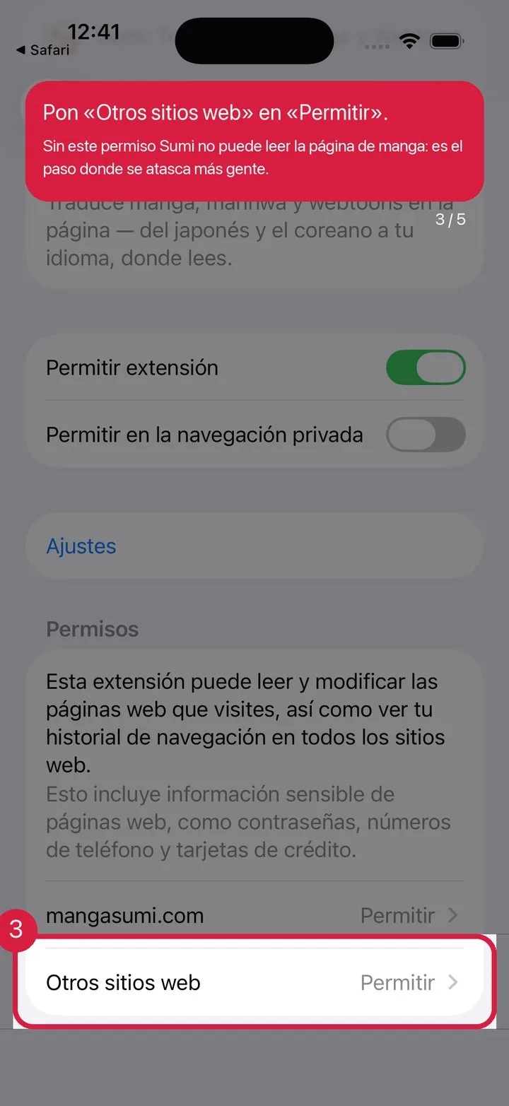 Pon «Otros sitios web» en Permitir