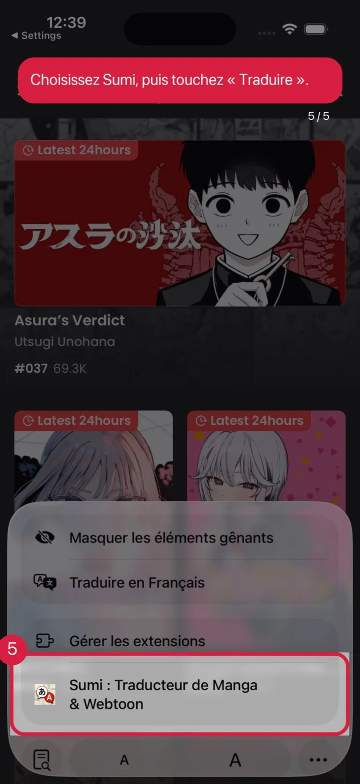 Choisissez Sumi, touchez « Traduire »