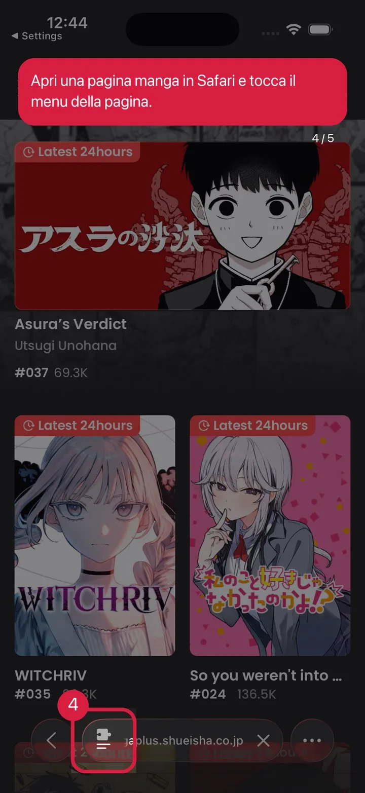 Apri una pagina manga e tocca il menu della pagina