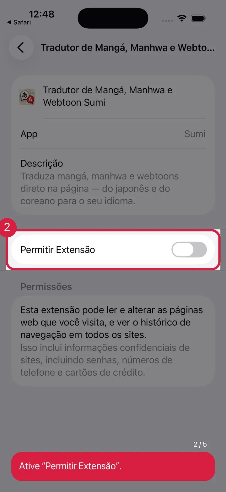 Ative “Permitir extensão”