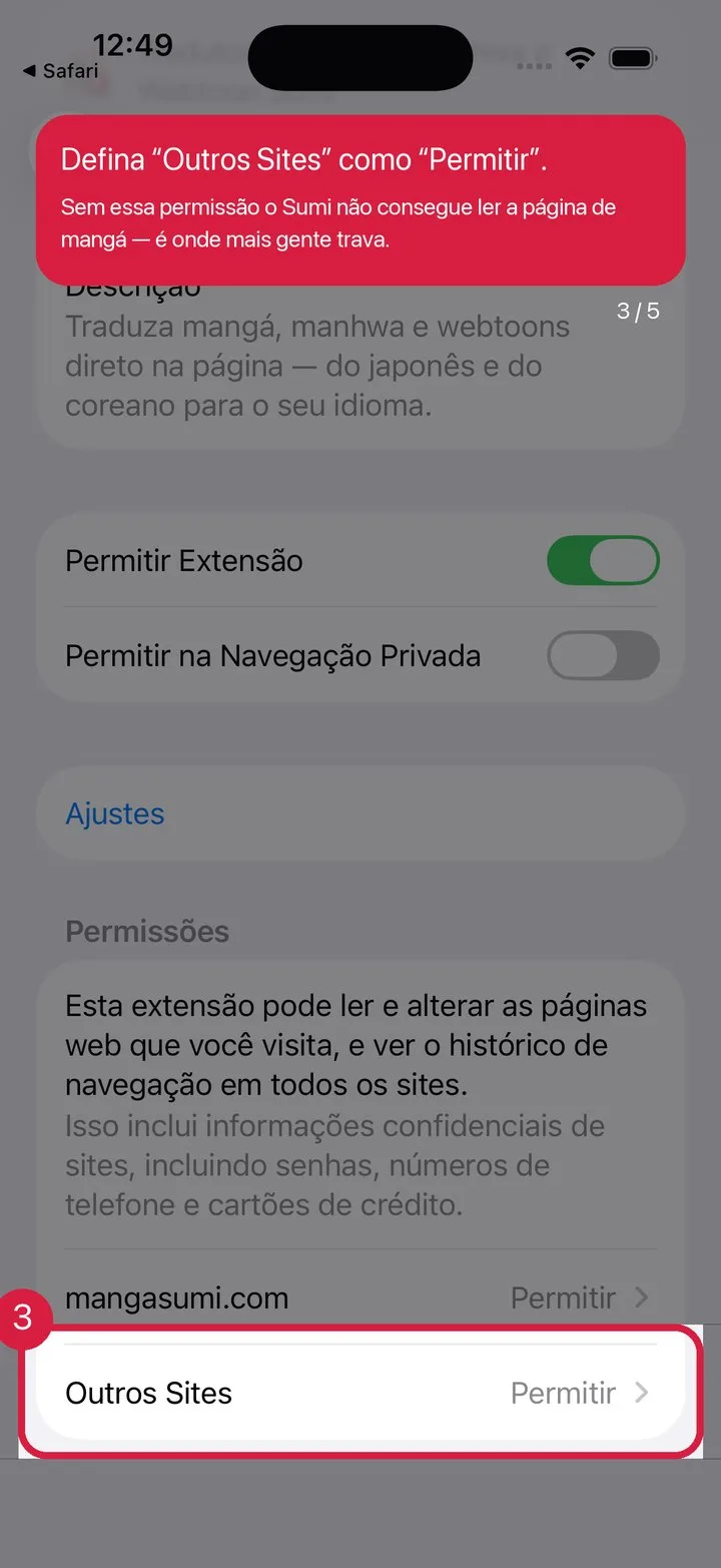 Defina “Outros sites” como Permitir