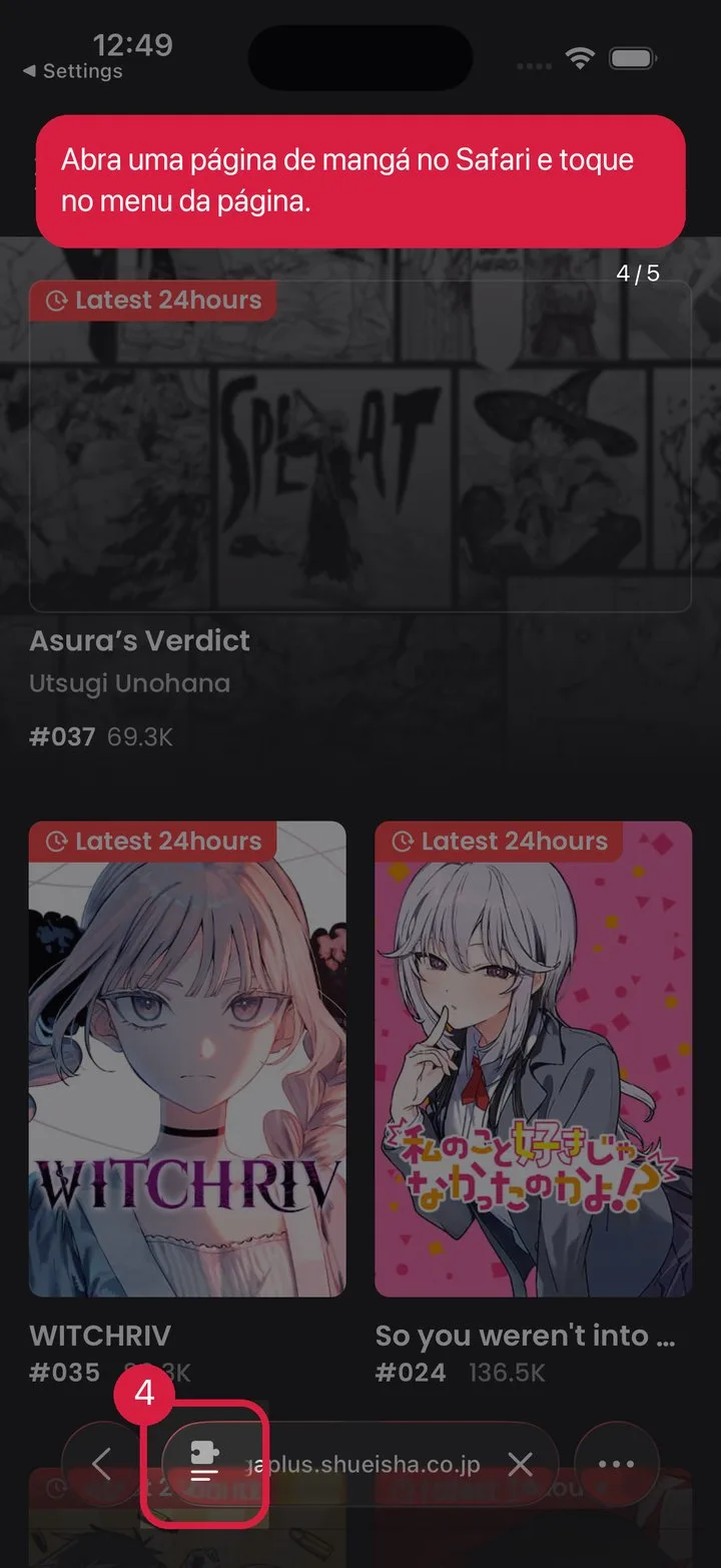 Abra uma página de mangá e toque no menu da página