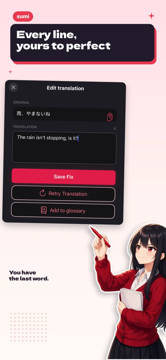 The Edit translation panel in Sumi, with the original line above the editable translation