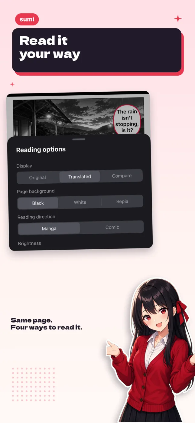 Sumi reading options: original or translated, page background, and reading direction