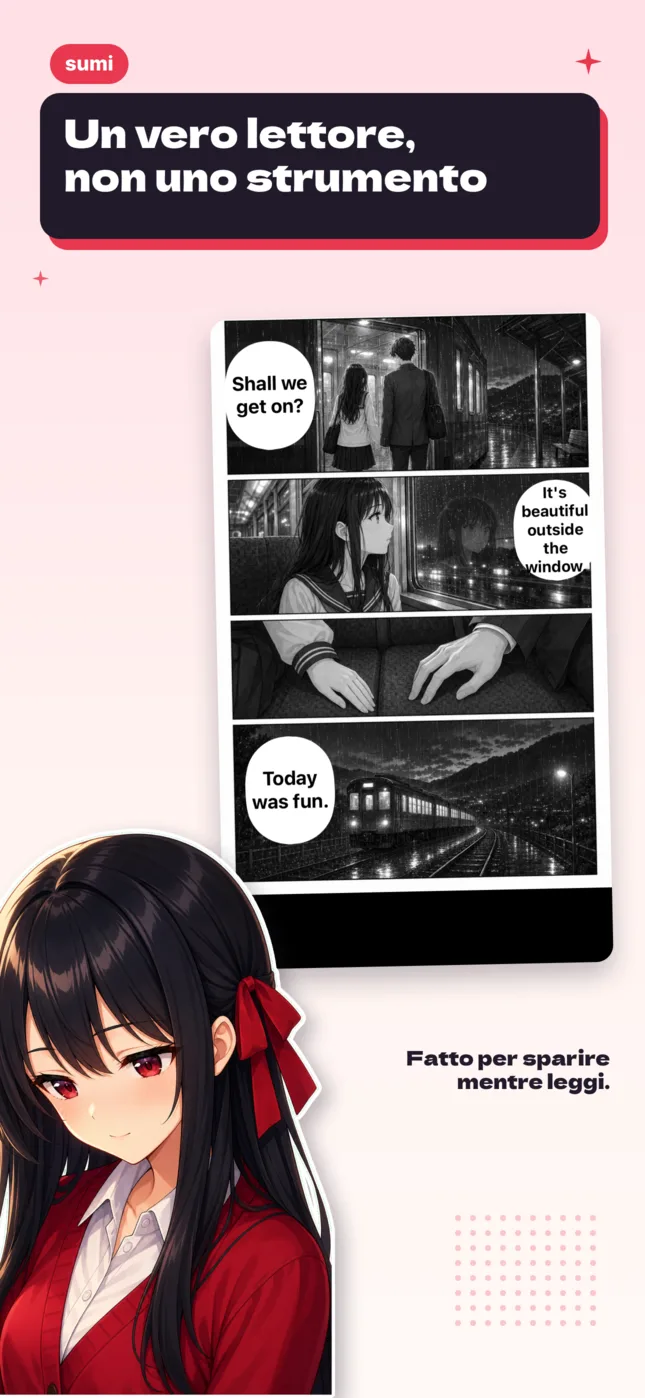 Sumi su iPhone mostra a schermo intero una tavola manga tradotta, con il numero di pagina